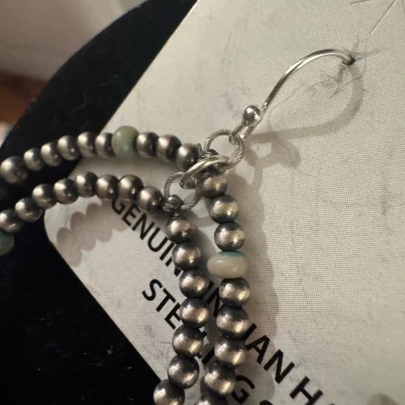 NWT Double Hoop Sterling Silver 925 Desert Pearl with Turquoise Chip Earrings - Picture 3 of 4